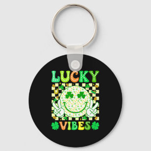 Groovy St Patricks Day Lucky Vibes Shamrock Women Keychain