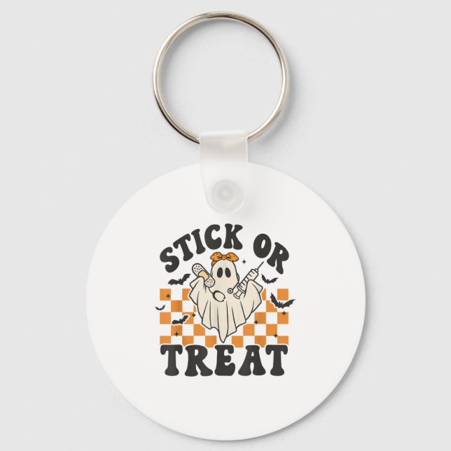 Groovy Stick Or Treat Funny Ghost Nurse Doctor Hal Keychain (Front)