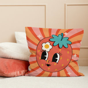 Groovy Strawberry Fruit Character Hippie 60s Retro Throw Pillow