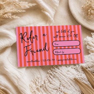 Groovy Stripes Cherry Pink Handwritten Retro Girly Referral Card