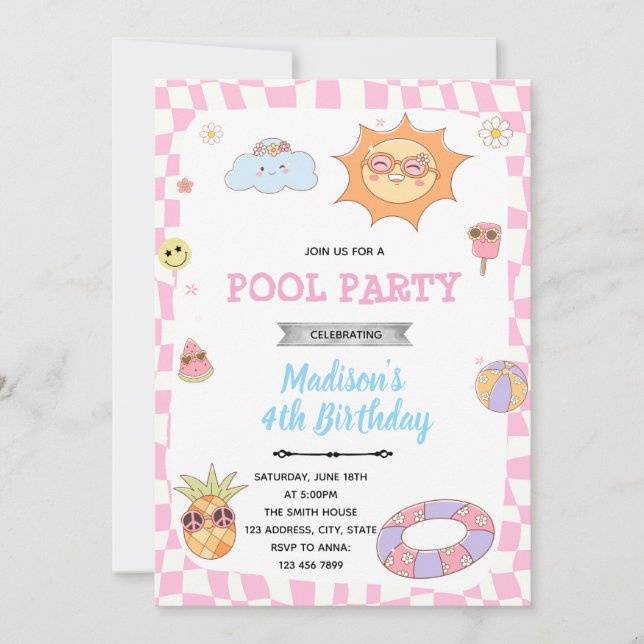Groovy summer pool party invitation (Front)