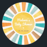 Groovy Sunshine Here Comes the Son Boy Baby Shower Classic Round Sticker<br><div class="desc">Drenched in a retro sunshine design,  this round sticker is a wonderful blend of nostalgic aesthetics and contemporary functionality. The motif is a stunning array of muted yellow,  blue,  orange,  and terracotta hues that create a warm and inviting atmosphere right off the bat.</div>