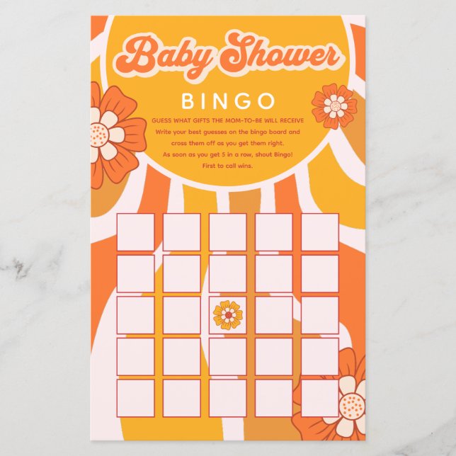 Groovy Sunshine Retro Baby Shower Bingo Game (Front)