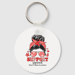 Groovy Support Squad Messy Bun Heart Disease Aware Keychain