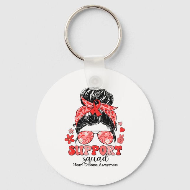 Groovy Support Squad Messy Bun Heart Disease Aware Keychain (Front)