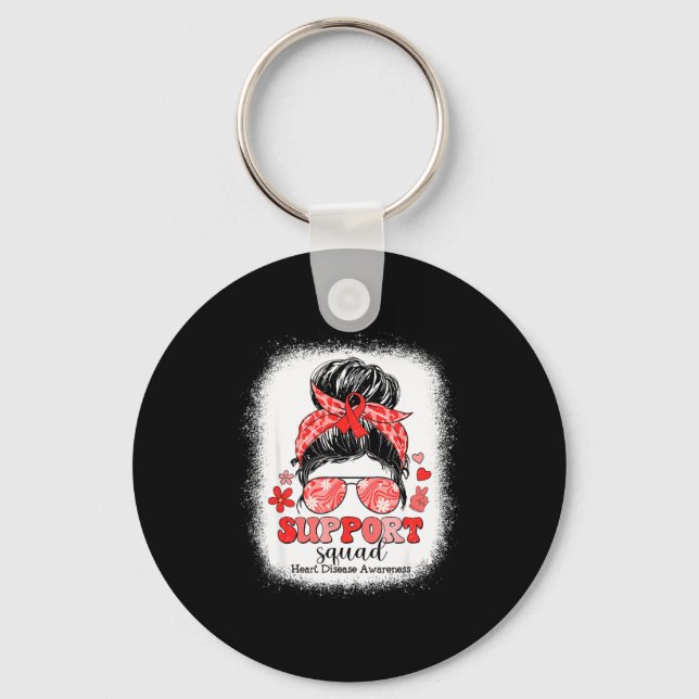 Groovy Support Squad Messy Bun Red Ribbon Heart Di Keychain (Front)