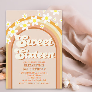 Groovy Sweet Sixteen   Retro Rainbow & Daisy Flowe Invitation