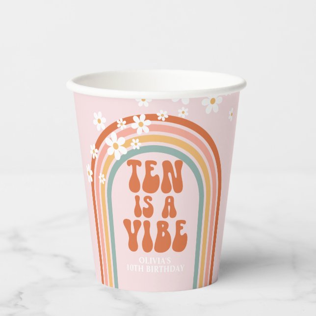 Groovy Ten is a vibe daisy rainbow 10th birthday Paper Cups (Front)