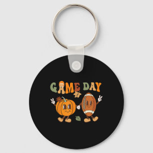 Groovy Thanksgiving Game Day Pumpkin Footbyll Hall Keychain