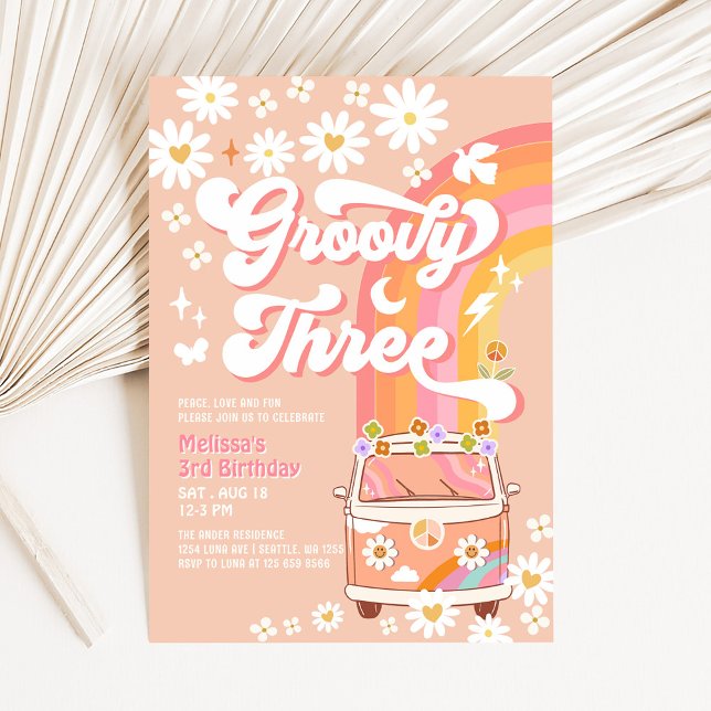 Groovy THREE Pink Peach Daisy Hippie Birthday Invitation (Creator Uploaded)