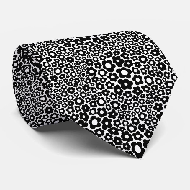 Groovy Tiny Black And White Daisies Neck Tie (Rolled)