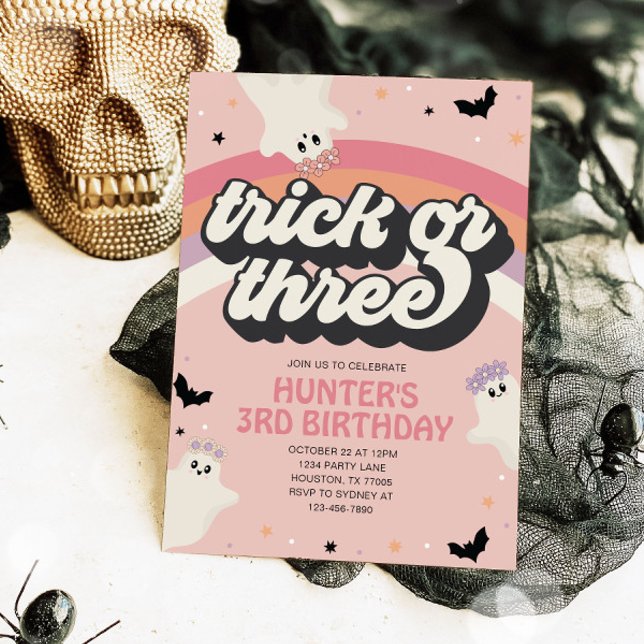 Groovy Trick or Three Girl 3rd Birthday Halloween Invitation (Creator Uploaded)