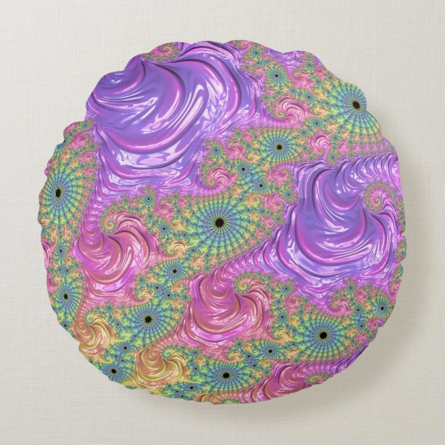 Groovy Trippy Boho Jewel Tone Rainbow Fractal Round Pillow (Front)
