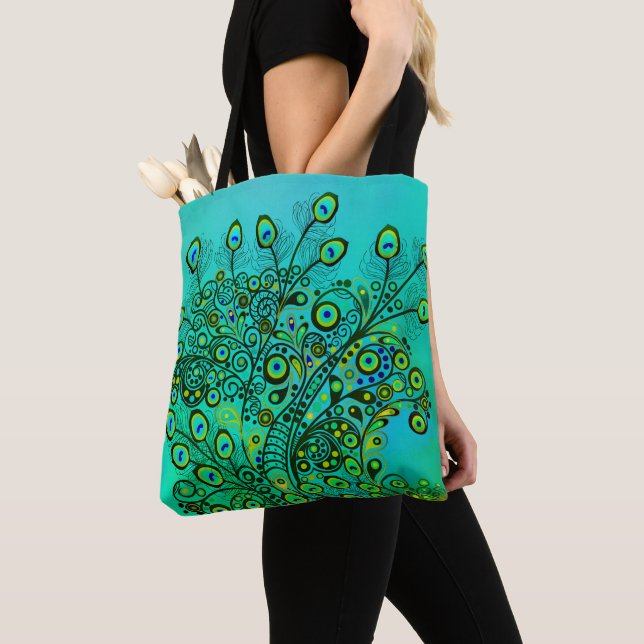 Groovy Trippy Peacock Feathers Tote Bag (Close Up)