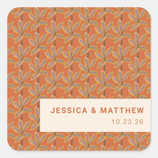 Groovy Tropical Palm Trees Burnt Orange Wedding Square Sticker (Front)