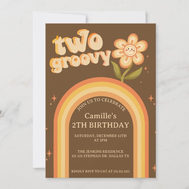 Groovy two boho daisy rainbow birthday invitation (Front)