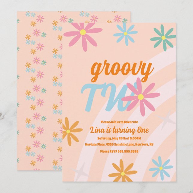 Groovy Two Floral First Birthday Retro Party  Invitation (Front/Back)