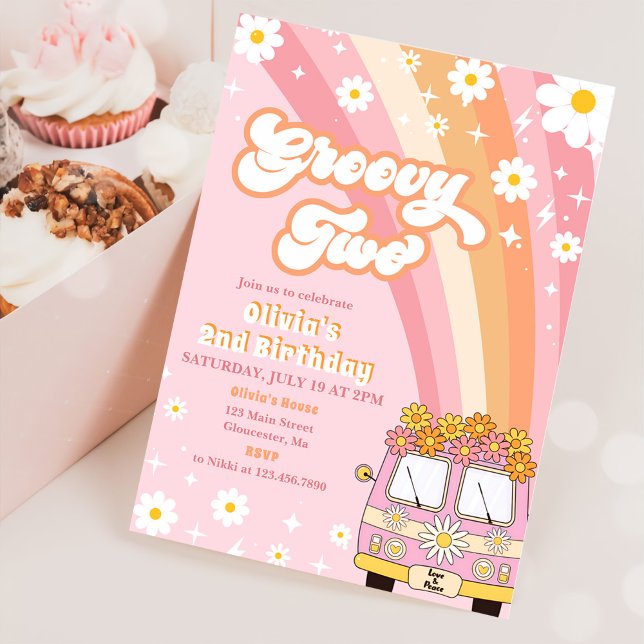 Groovy Two Retro Rainbow 2nd Birthday Invitation (Creator Uploaded)