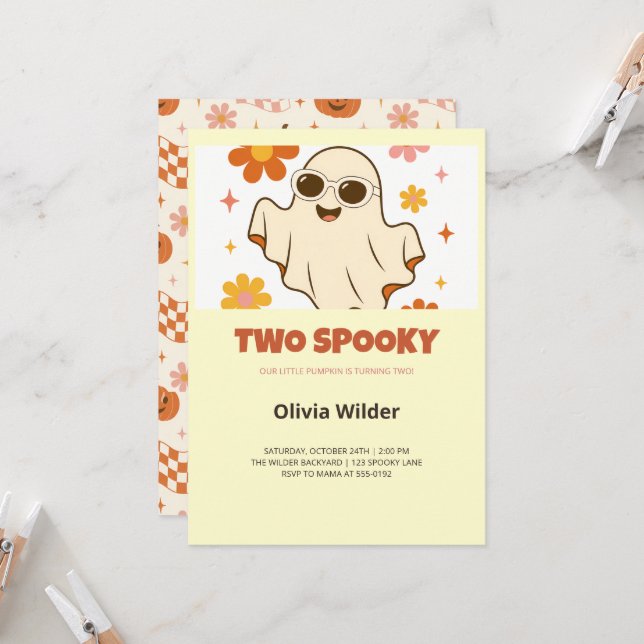 Groovy Two Spooky 2nd Birthday Invitation (Front/Back In Situ)