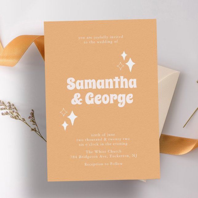 Groovy Typography Retro Peach Wedding Invitation (Creator Uploaded)