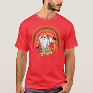 Groovy Vintage Floral Ghost Cute Halloween Rainbow T-Shirt