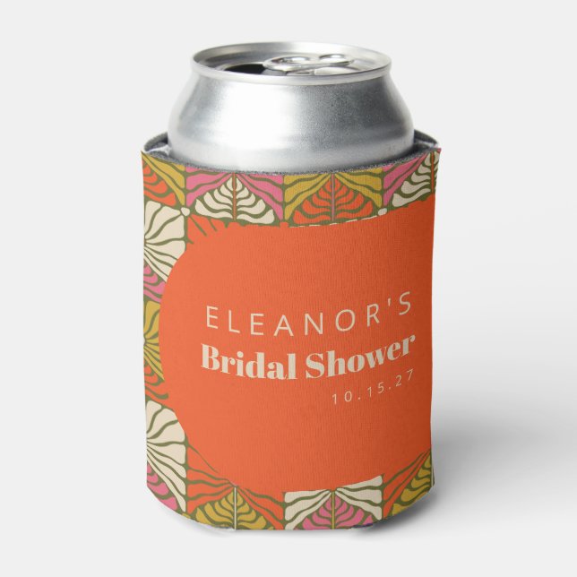 Groovy Vintage Orange Floral Bridal Shower Custom Can Cooler (Can Front)