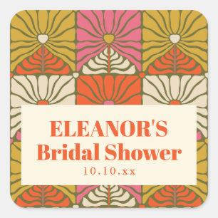 Groovy Vintage Orange Floral Bridal Shower Favor Square Sticker