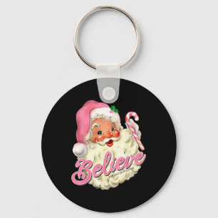 Groovy Vintage Pink Santa Claus Believe Christmas Keychain