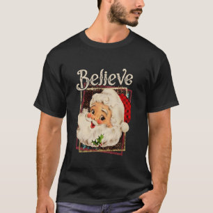 Groovy Vintage Pink Santa Claus Believe Christmas  T-Shirt