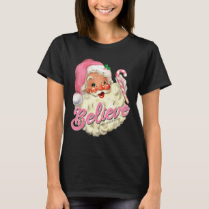 Groovy Vintage Pink Santa Claus Believe Christmas  T-Shirt