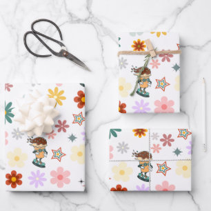 Groovy Vintage Retro Daisy White Wrapping Paper