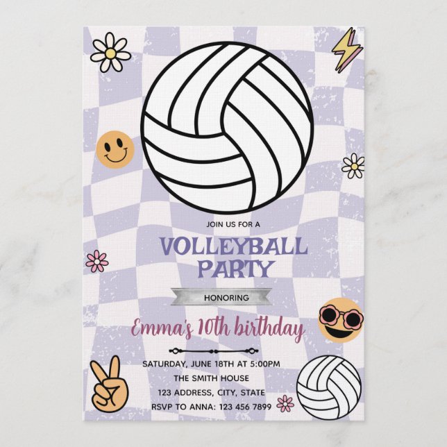 Groovy volleyball party invitation (Devant)