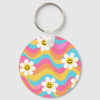 Groovy Wavy Smiley Flower Retro Keychain