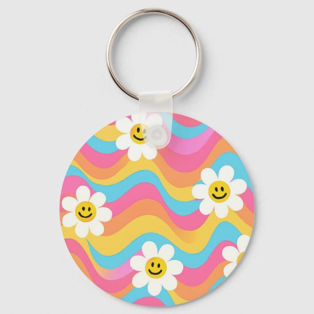 Groovy Wavy Smiley Flower Retro Keychain (Front)