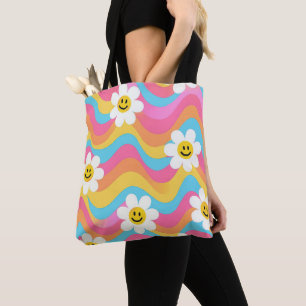 Groovy Wavy Smiley Flower Retro Tote Bag