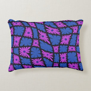 Groovy Wavy Trippy 60s Flower Checks Blue Pink Accent Pillow