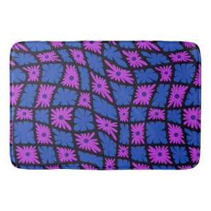 Groovy Wavy Trippy 60s Flower Checks Blue Pink Bath Mat