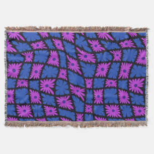 Groovy Wavy Trippy 60s Flower Checks Blue Pink Throw Blanket