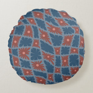 Groovy Wavy Trippy 60s Flower Checks Blue Red Round Pillow