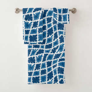 Groovy Wavy Trippy 60s Flower Checks Blues Bath Towel Set