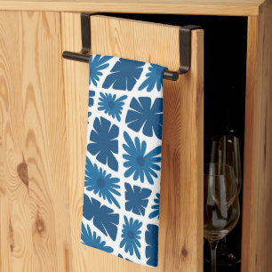 Groovy Wavy Trippy 60s Flower Checks Blues Kitchen Towel