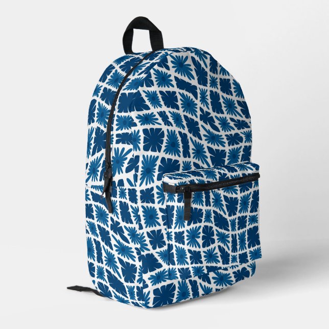 Groovy Wavy Trippy 60s Flower Checks Blues Printed Backpack (Back Corner Left)