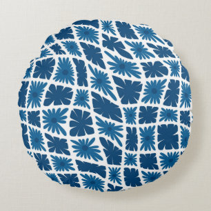 Groovy Wavy Trippy 60s Flower Checks Blues Round Pillow