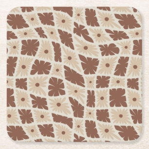 Groovy Wavy Trippy 60s Flower Checks Neutral Brown Square Paper Coaster