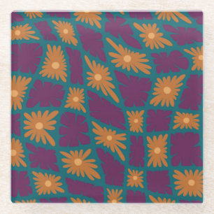 Groovy Wavy Trippy 60s Flower Checks Orange Pink Glass Coaster