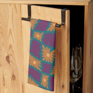 Groovy Wavy Trippy 60s Flower Checks Orange Pink Kitchen Towel