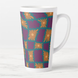 Groovy Wavy Trippy 60s Flower Checks Orange Pink Latte Mug