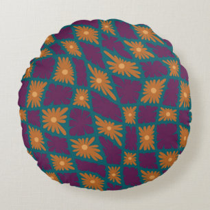 Groovy Wavy Trippy 60s Flower Checks Orange Pink Round Pillow