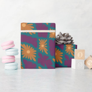 Groovy Wavy Trippy 60s Flower Checks Orange Pink Wrapping Paper