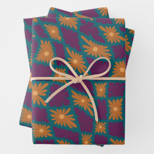 Groovy Wavy Trippy 60s Flower Checks Orange Pink Wrapping Paper Sheet